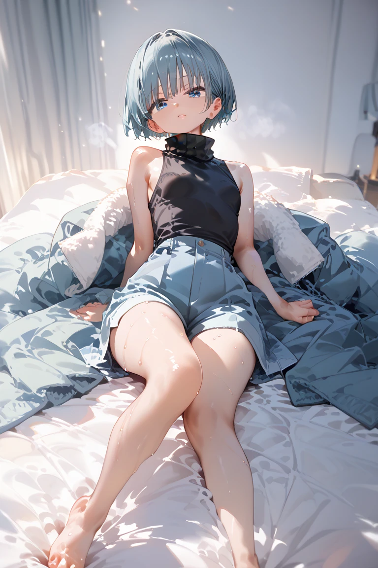Cute emo boy, very white skin, lying in bed, barefoot, showing the soles of her feet, perfect feet, correct toes, aesthetic feet, black sleeveless t-shirt, short azul