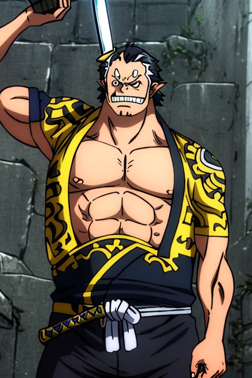 A fat villain resembling Blackbeard has a large sword and several pirate pistols on his waist in the One Piece style.