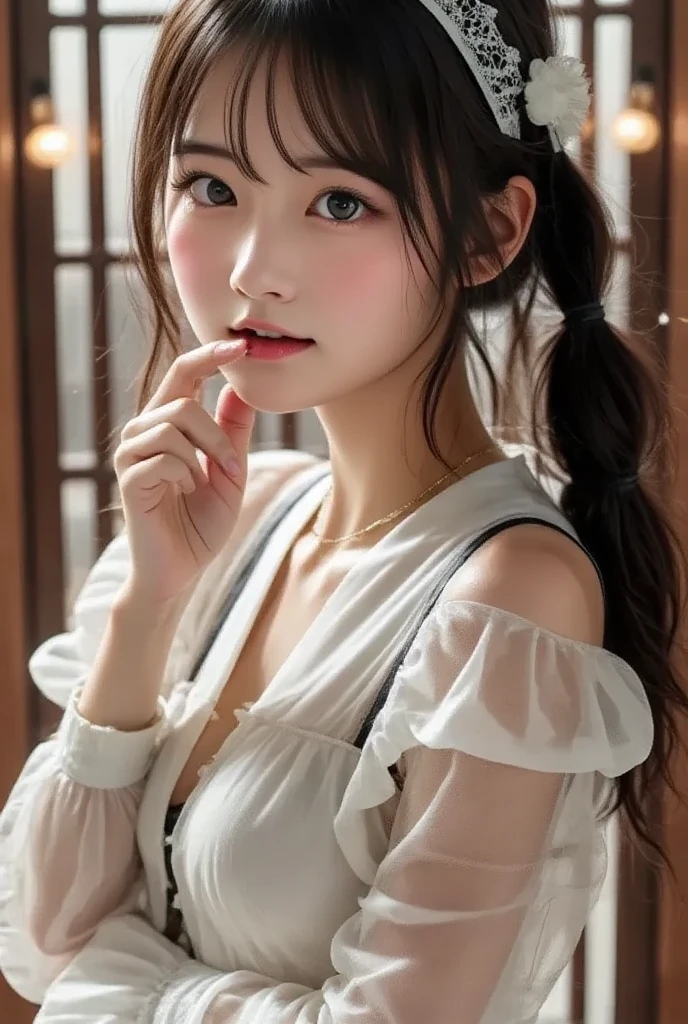 Random posture,
(raw photo,8k,photorealistic:1.3),(masterpiece, best quality), (from below), 35mm shot, looking at viewer, highres,
((a girl, solo)) , (detailed beautiful face, beautiful detailed pink eyes, detailed perfect skin),
((flat chest)), high ponytail contorted, eyes visible through hair, (blush), wet hair,
sitting, white|black kimono, topless, (leg crossed) , arms behind back, water, hair ornament, lace trim,