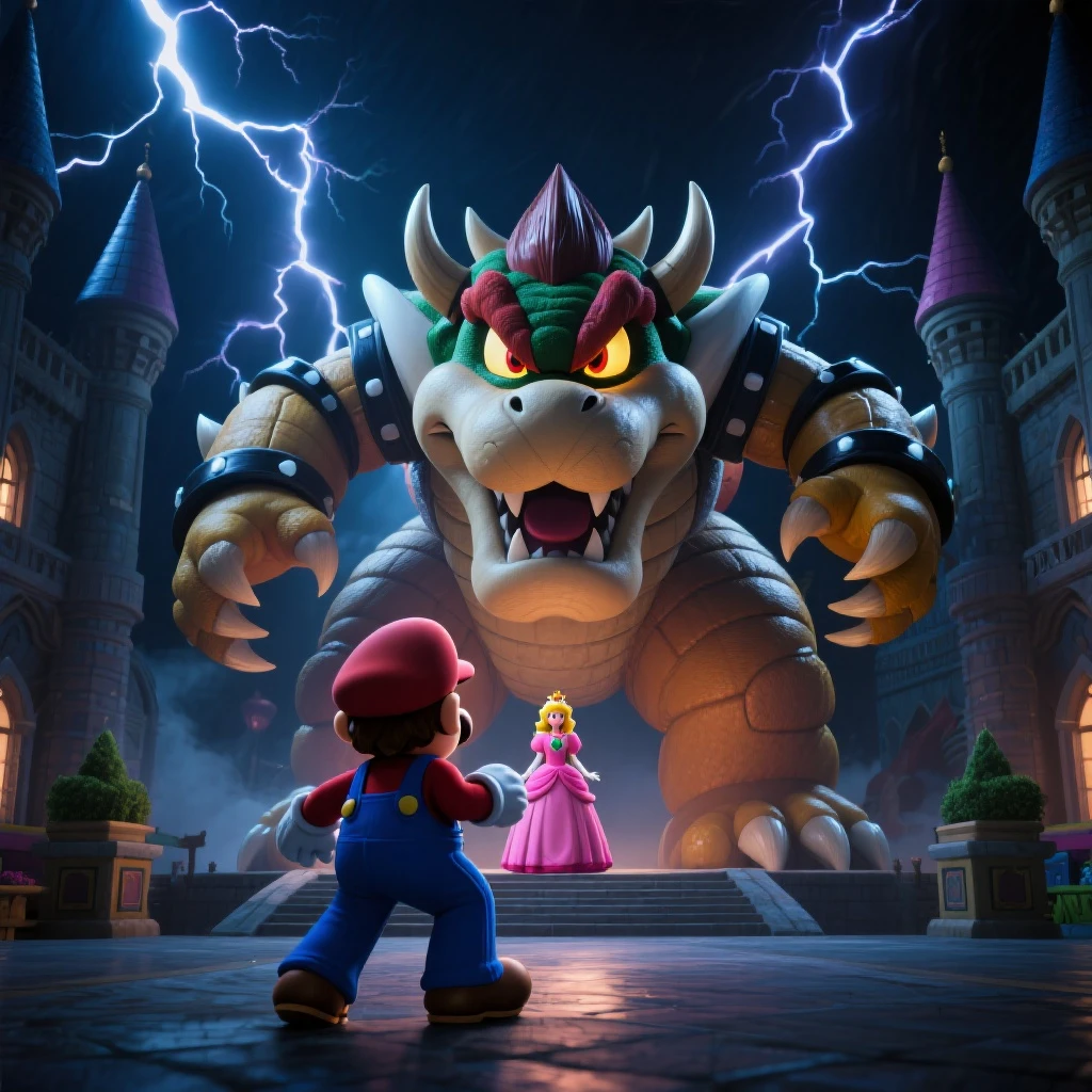 Super Mario,Mario confronts Bowser, Bowser with a huge body that captures Princess Peach,Castle Hall, night ,dramatic lighting illuminated by lightning,high contrast,Final Boss,主人公の宿敵である巨大なFinal Bossをデザインする,Creating an overwhelming threat,Dynamic Composition,