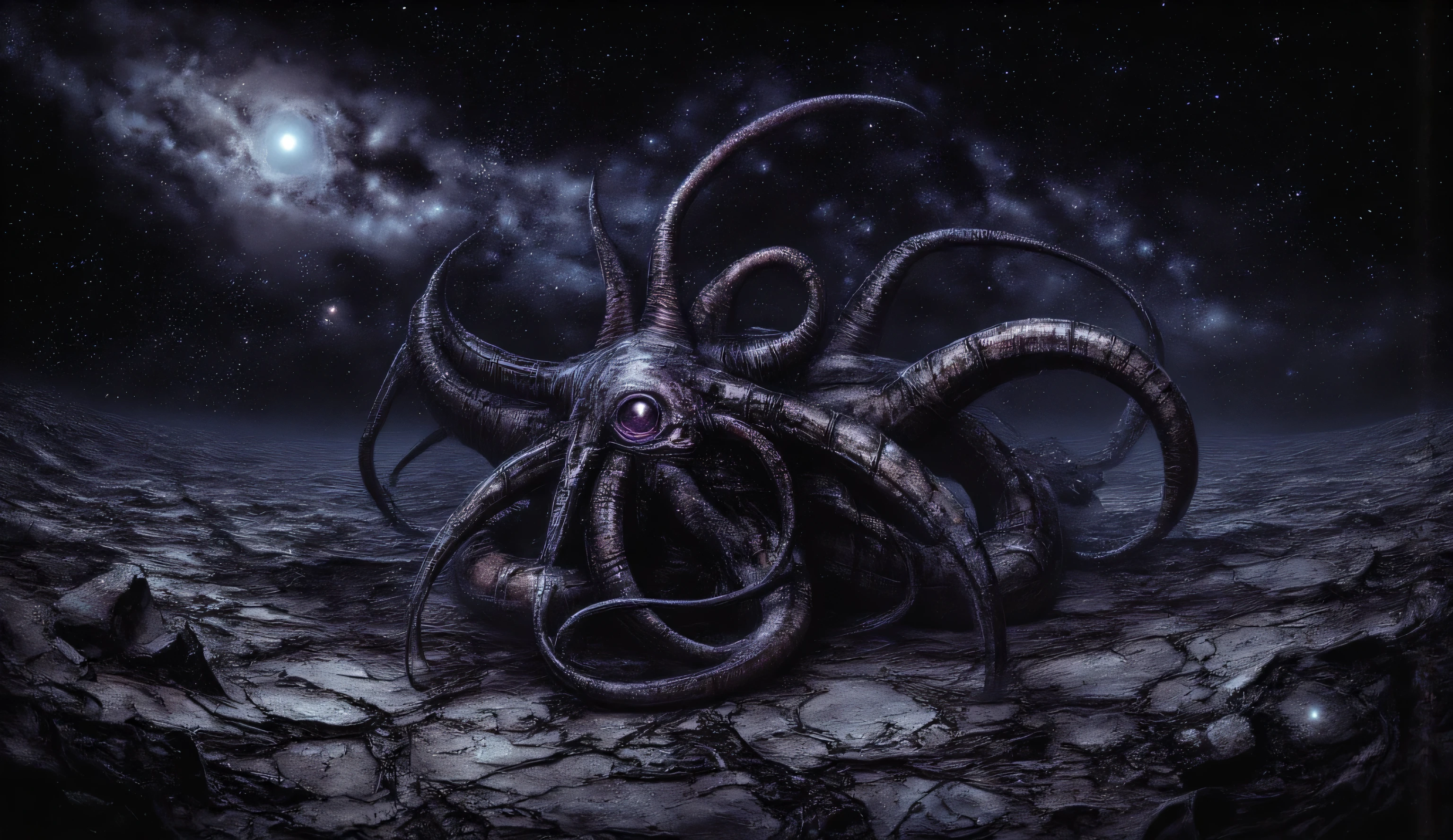 A small snake with an ugly human head. One big purple eye. Long tentacles. The stars of the galaxy and the cosmic beauty are visible in the sky.A lifeless land covered with cracks. It's a dark night. The black sky, the apocalypse. horror. Ruins of the city. It's a creepy landscape. Maximalism. the horror.