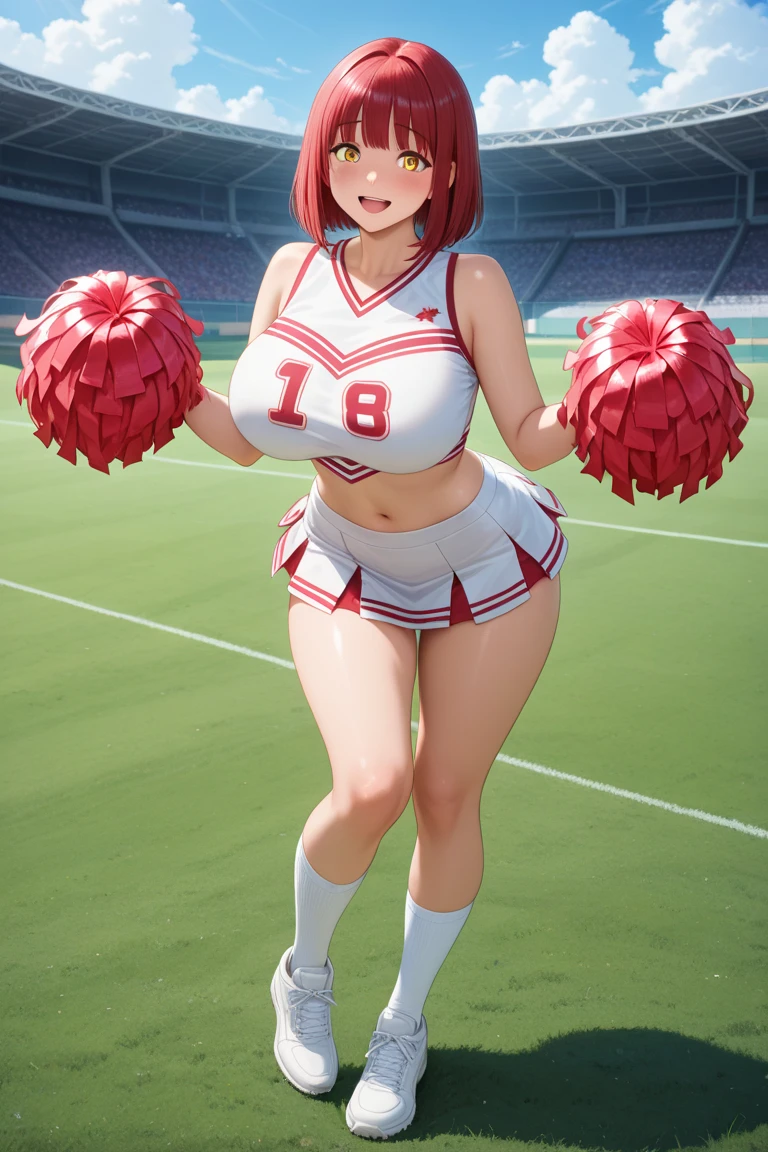 (hews art style:0.7), score_9, score_8_up, score_7_up, score_6_up, uncensored, yor briar, black hair, white hairband, red eyes, sidelocks, BREAK (masterpiece:1.2), best quality, high resolution, (beautiful detailed eyes:1.3), perfect lighting, (perfect hands, perfect anatomy), hearts, pleasured, huge breasts, 1girl, breasts, pom pom \(cheerleading\), cheerleader, solo, skirt, one eye closed, navel, smile, midriff, crop top, open mouth, full body, panties, field, looking at viewer, underwear, white background, pleated skirt, thigh strap, thighs, sandals, sleeveless, arm up, bare shoulders, choker