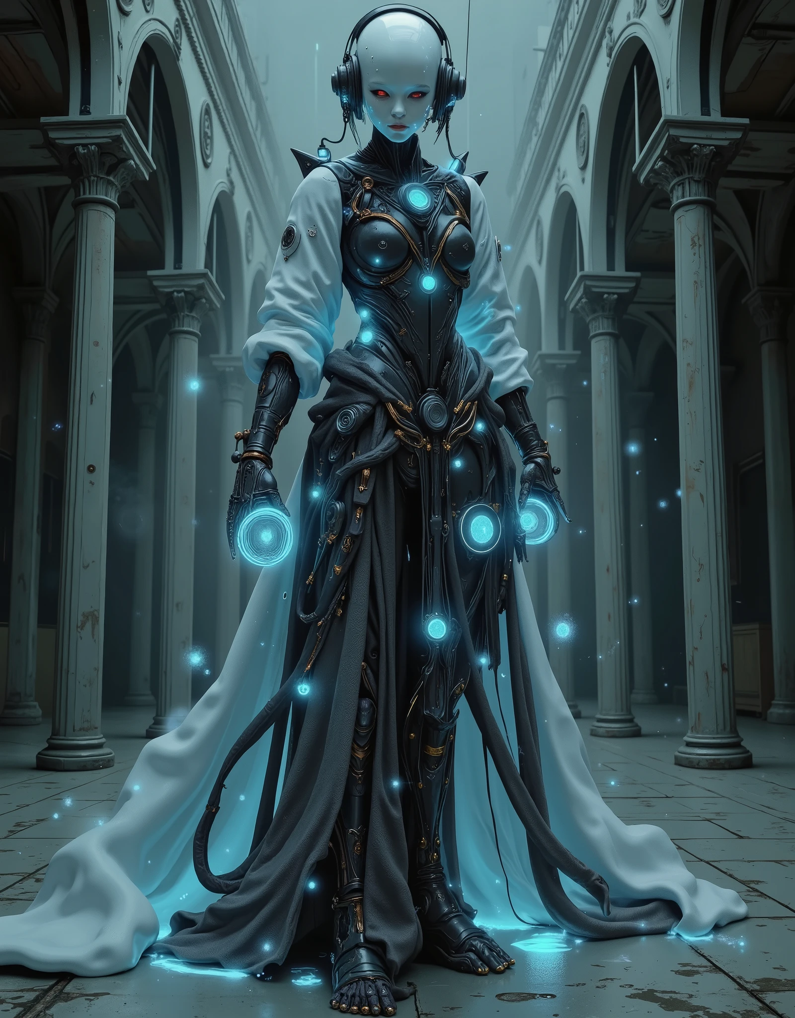 in the style of ckfa, holographic shimmer intricate armor, whimsical ghost faceless android woman hkbeauty looking at the viewer, otherworldly glow, fantasy, auraflow,