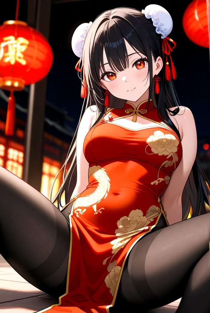 A woman wearing red Chinese costume with gold details, large breasts exposed, thighs exposed, women's long brown stockings, long black hair, red eyes, white fur cape, golden bow on her head, golden flower in her hair, smiling, standing holding a Chinese lute, in a traditional Chinese garden, full body, (place at night) Chinese lamps around, bokeh effect, flower, 8k, super detail, accurate, best quality, UHD, anatomically correct, textured skin, high quality, high resolution , best quality (solo woman)
