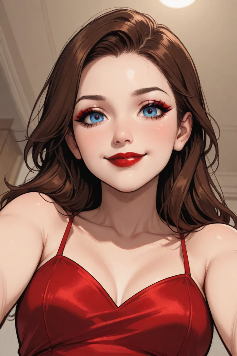 arafed woman in a red dress , better known as amouranth, cleavage, sexy look at the camera, sultry and beckoning, young beautiful amouranth, red lips, sultry smirk, high quality upload, with pale skin, cait miers, sexy red lips, thick red lips, amouranth, bella thorne