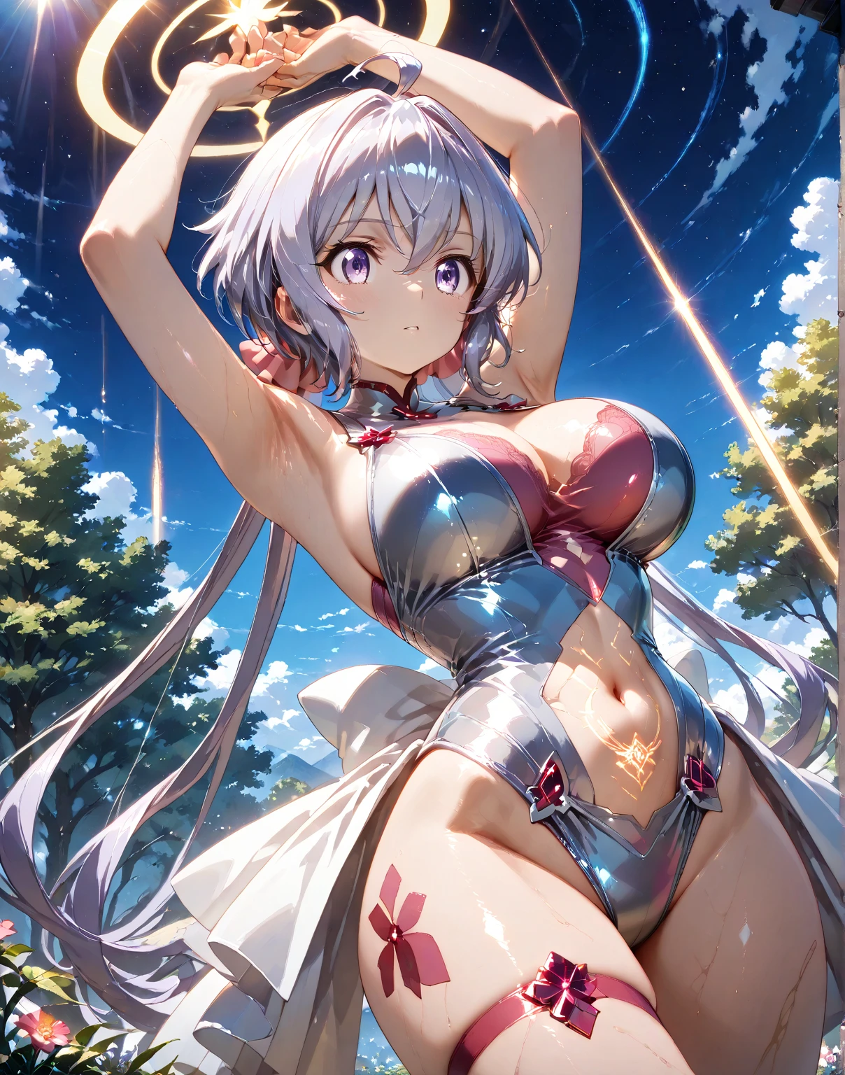 (MASTERPIECE), (Best Quality), (Ultra Detail), (Best Anatomy), Official Art, One Girl, Light-Colored Haired Loli, Petite Little Girl, Magical Girl, See-Through Witch Costume, Small, Cleavage, Off Shoulder, Underboob, Side Boob, Thigh Focus, Navel Out, Hands Behind Body, Chest Stretched, Card Illustration, Deep Forest Fountain