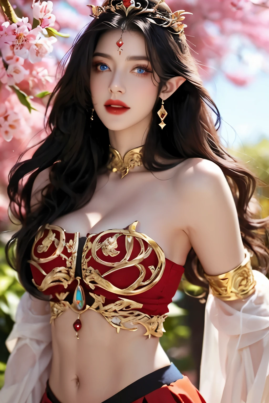 (masterpiece:1.5), (((top quality, best quality, high quality))), ((intricately detailed, ultra-detailed, insanely detailed)), highres, 32K, extremely detailed unity CG 8K wallpaper, (beautiful and aesthetic:1.2),, (depth of field:1.3), (immaculate:1.3), (delicate detailed depiction:1.4), (photorealistic:1.4), (surrealism:1.3),
(((brilliant full natural lighting, luscious vibrant colors))), (ambient volumetric backlighting:1.5),  (illustration of an immensely beautiful woman:1.3),
(upper body:1.47), (perfectly centered:1.4), (natural willowy posture:1.5), (((dynamic pose, cinematic angle))),
(1girl:1.5), (solo:1.4), (exotic dancer:1.4),
beautiful gorgeous face, [(detailed face:1.2):0.2], bright eyes, pureerosface_v1, ulzzang-6500-v1.1,  (closed mouth:1.5), (red lips:1.4), (full lips:1.4),
attractive flawless body, (((pronounced feminine curves))), bright glistening skin, realistic skin, skin pores, (voluptuous:1.5), (((droopy belly, toned belly, navel, groin:1.3))), narrow waist,
(sparkling exquisite transparent:1.3), (explicit costume:1.5), (ornate glittering shrug and pasties:1.4), (ornate Arabian saree:1.5), (((fluttering golden fabricated threads))), ((fringed tassels, chains):1.3), (long tight sleeves:1.4), (detached collar:1.3), (fabrication glitters:1.5), (luxury intricate clothing jewelries:1.5), (jeweled embroideries:1.4), (clothing sparkles:1.4), (sparkling particles:1.3), (((sagging front seam, sagging hind seam))), (((earrings, armlets, hairclip, hair ornaments))), <lora:venus_bikini_v0.1:0.75>,  <lora:AoDaiCuoi-v1.0:0.65>, aodaicuoi, <lora:BohoFrontlet:0.75>, b0h0, diamond, sapphire,
(standing alone in an outdoor magical garden decorated with jewelries and gemstones and colorful exotic flowers and bushes:1.5), (outside a grand ancient palace:1.5), (surreal delicate background:1.5), (intricate complex scene:1.5), <lora:detail_slider_v4:1.8>,
