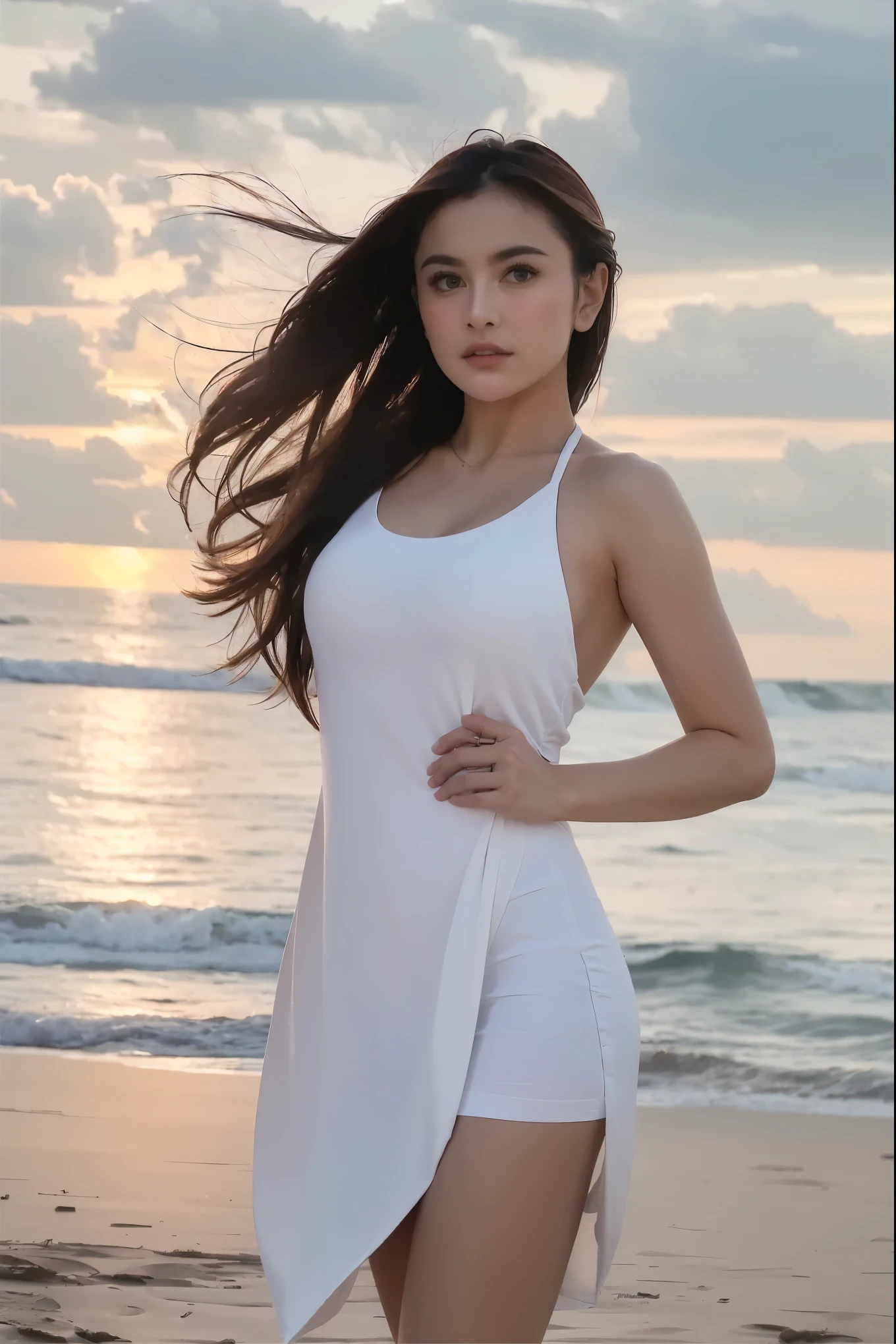 ((best quality)), ((masterpiece)), ((1girl)), solo, Ferry, ((long hair)), FerryBase, ((thighhighs)), bare shoulders, ((jewelry)), ((sleeveless)), white dress, blue skirt, ((gloves)), thigh-high, from behind.