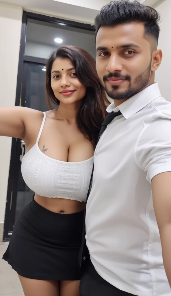 busty woman with huge breasts wearing grey saree in a boat standing and posing for a picture with a indian black 50 years old male wearing a dirty shirt hugging her