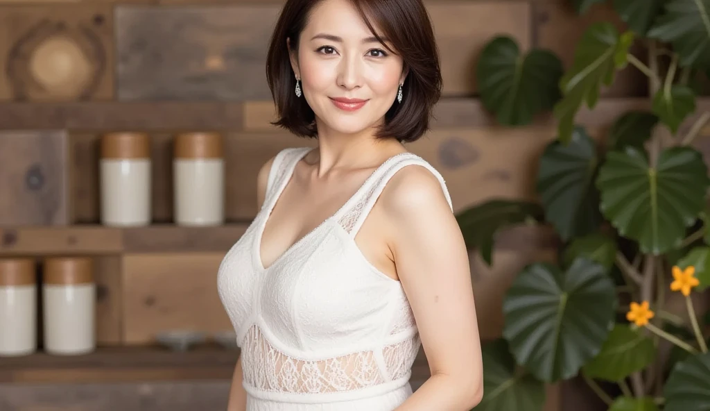 ((Best Quality, 8K, masutepiece, Portrait: 1.Phototriaritic, Sharp Focus, (Looking at Viewer), 1 Beautiful Japan Mature Woman, Clothes with Cleavage View, 50 years old, Wavy Hair, ((二重まぶた, eye lashes, Lip gloss, Wrinkles at the corners of the eyes:0.6)), ((dressed in a white t-shirt, Short sweatpants)), accurate anatomy, The perfect portfolio, ((Sit with your legs wide open:2, Show crotch)), (Loose waist:0.75), Dark floors,(Open mouth:0.7), (frown:1), (Smile:1),