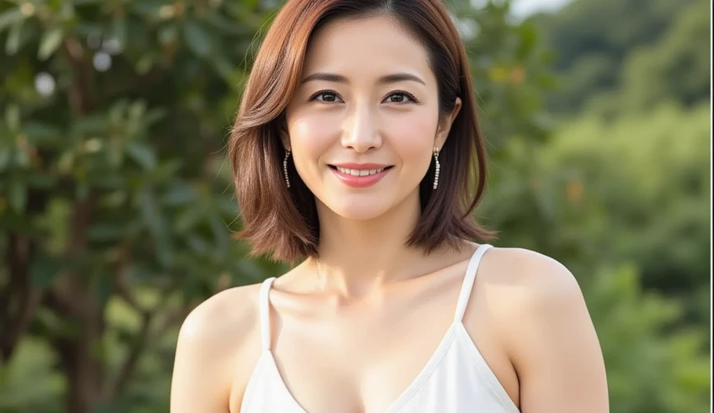 最high quality, In 8K, Masseter region, Vibrant, Sharp focus, high quality, High resolution, Detailed face, fine grain, Thick lips, (Looking at the audience), alone, Beautiful woman, 38 years old, Japanese women, （(Short brown hair:1.4)）,(Cleavage:1.1), Lunch break、Large city park、Green Grass、（sitting on a park bench:1.3）、（Full body photo:1）、（Red formal dress:1.5）、（Knee length dresses:1.5）、（Black pumps:1.5）、（Red lipstick:1）、（(smile:1.6)）、（Standard body type）、（D cup breasts）