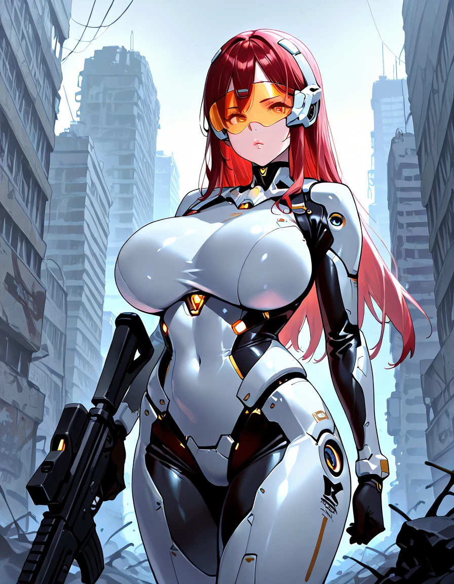((masterpiece)), ((best quality)), (ultra-detailed), ((kawaii)), cute, (lovely), ((sexy)), (ero), ((extremely detailed)), 4K, (8K), best quality, (beautiful), in the middle, city, town, night, a pretty woman, solo, robot suit, robot, beautiful red hair, beautiful blue eyes, ((beautiful eyes)), white-skinned, long ponytail hair,swept bangs, large breast, holding a rifle, smile,parted lips,standing