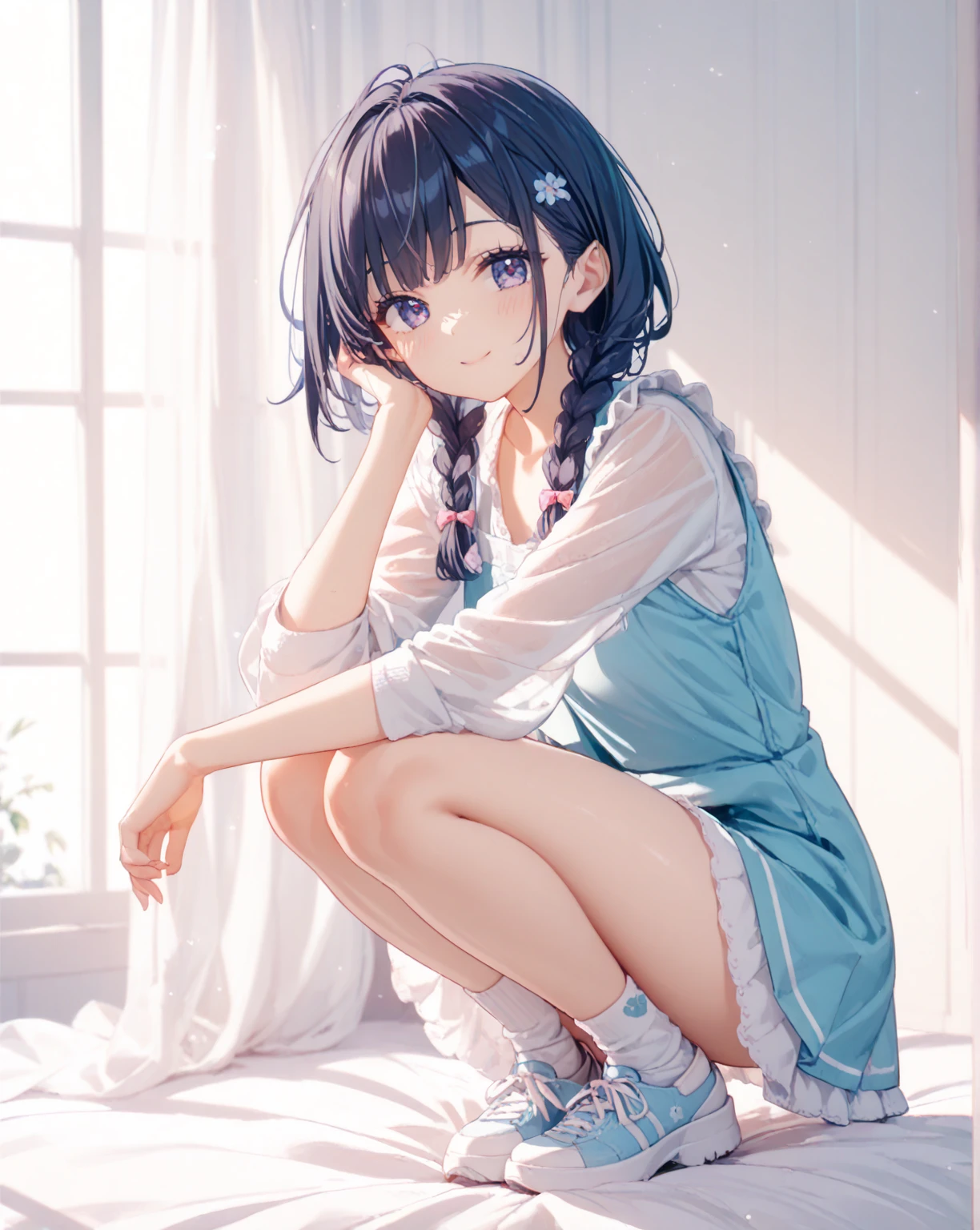 masterpiece, sidelighting, masterpiece*portrait, lustrous skin, ((1girl, solo)), best background detail,stare, bed room, tsundere, arousing,lewd, akane,front , ((light smile, happy)), long hair, looking at viewer, smile, bangs, blue eyes, shirt, blue hair, white shirt, sidelocks, frills, side ponytail, ((full body)), kneel
