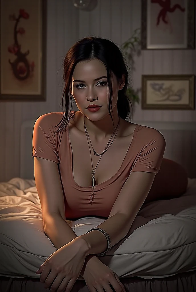 ((best quality: 1.5)) ((masterpiece: 0.8)), intricate details, sharp focus, professional, photorealistic, real life, realistic representation of the face, (((((solo)) female Euro, lipstick, ((gothic eye makeup))))), bright glow, dusky skin, erotic pose, gorgeous perfect face, in the style of realistic and hyper detailed renderings, zbrush, hyper realistic oil, contoured shading, dark room, dark background, black background, BREAK; BREAK ((((lounging on a bed with silk sheets, looking away)))), ((freckles: 0.9)), fujicolor, god rays, ((((body tattoo: 0.7)))) BREAK; BREAK ((breast size: 0.7)) Break; Break (((vivid blue eyes, dark hair, ponytail))) BREAK ((((loose baggy white torn t-shirt) cleavage)))