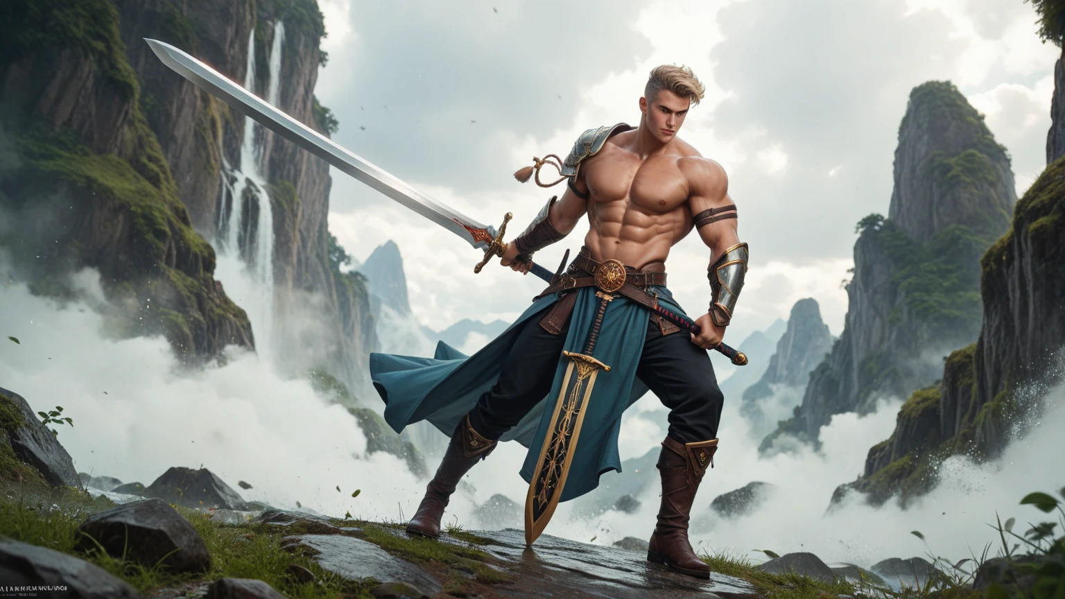 Leyendecker style illustration: Muscular and pumped up Prince Harry as a beautiful detailed face, 4k resolution, Realistic, perfect face, 28 years old, blonde hair, natural skin, Soft impressionist, Perfect composition, perfect face,,no pants or swimming trunks, big dick and hanging balls, boner, erection, hairy chest and belly. He holds a large sword in his hands. In the background is a mysterious forest.