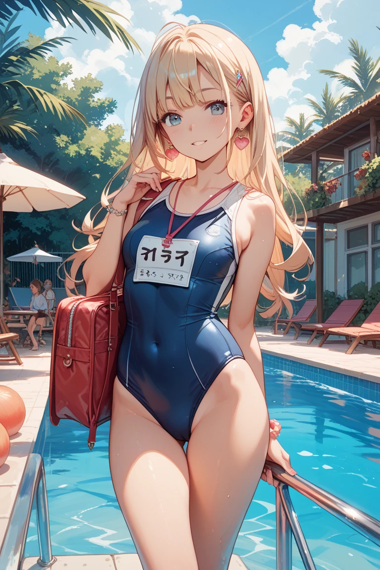 absurdres, absolutely resolution, incredibly absurdres, highres, ultra detailed, official art, unity 8k wallpaper,
BREAK
(1girl, solo:1.4), (cute, kawaii), dynamic poses, dynamic angle, full body
BREAK
smile, blush, looking at viewer, (peace symbol, fingers to cheeks:1.2), (head tilt, model posing:1.4), tongue out, one eye closed
BREAK
long hair, very long hair, blond hair, (Put out forehead: 1.2), blue eyes, breasts, navel, closed mouth, hands up, groin, collarbone, coquettish skin
BREAK
open clothes, open shirt, open jacket, (white jacket:1.4), shirt, pink shirt,sleeves past wrists, long sleeves, off shoulder, bare shoulders
BREAK
swimsuit, polka dot, bikini, (lowleg bikini ,polka dot bikini, red bikini,:1.4) (tie_side, string bikini:1.2)
BREAK
(resort pool at daytime:1.2)
BREAK
nice hands, perfect hands,
