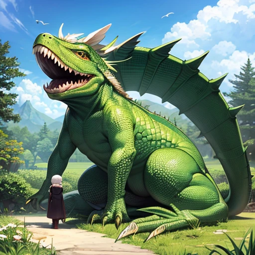 Dinosaur girl. Ankylosaurus element. Knight-like style. scale armor. Tail. Active. Dry soil underfoot. Dust cloud.
