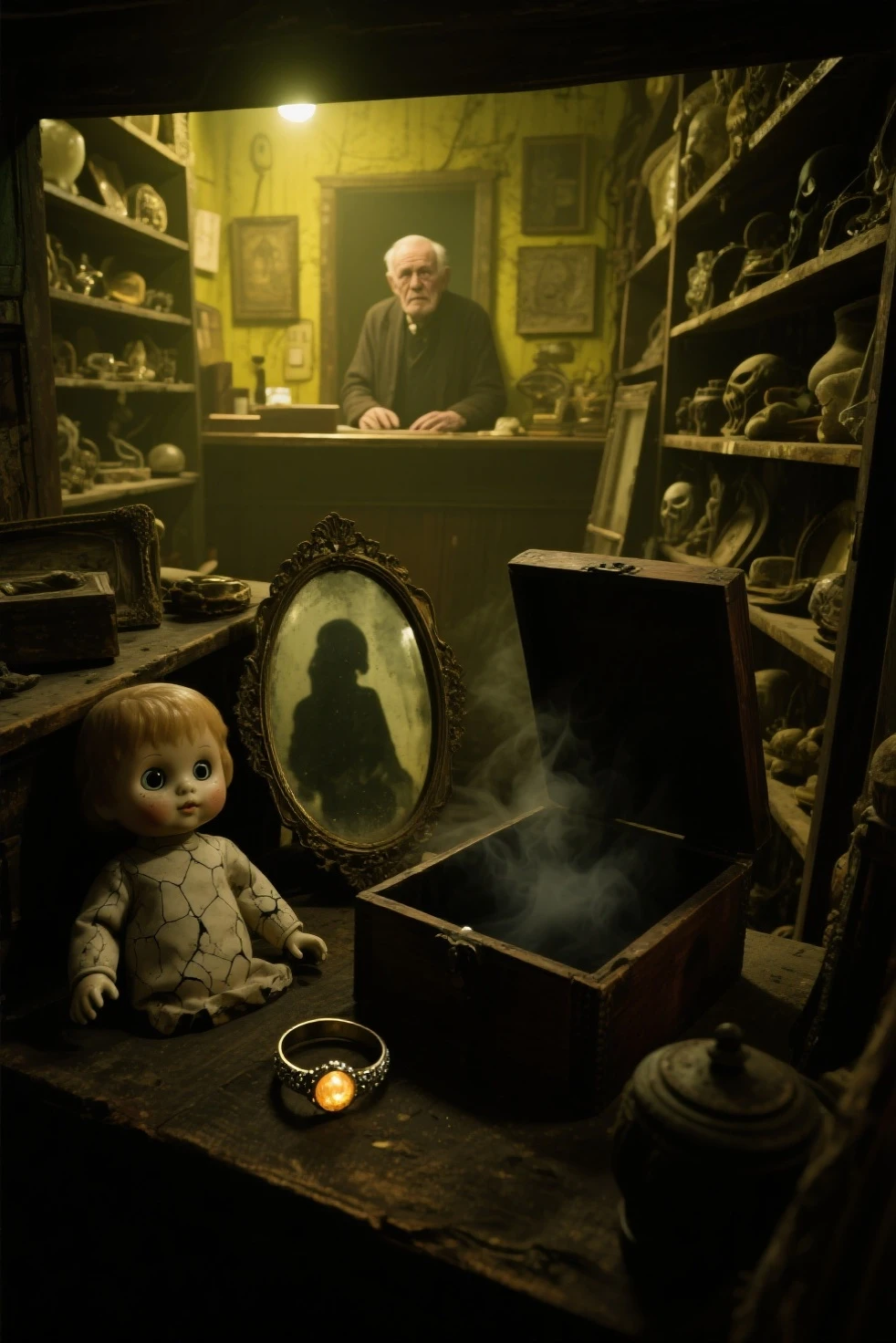 Horror Art, Fear, Best Quality, Masterpiece, Ultra High Resolution, (Realism: 1.4), Haunted House, Eerie Forest, Ghostly Encounter, Abandoned Asylum, Creepy Doll, Sinister Shadows, Demonic Possession, Haunted Dollhouse, Cursed Mirror, Grim Reaper, Poltergeist Activity, Zombie Apocalypse, Ghastly Graveyard, Malevolent Spirits, Blood Moon, White Dress, Disturbing, Disturbing, Scary, 80mm, Scary Lights, Dynamic Action