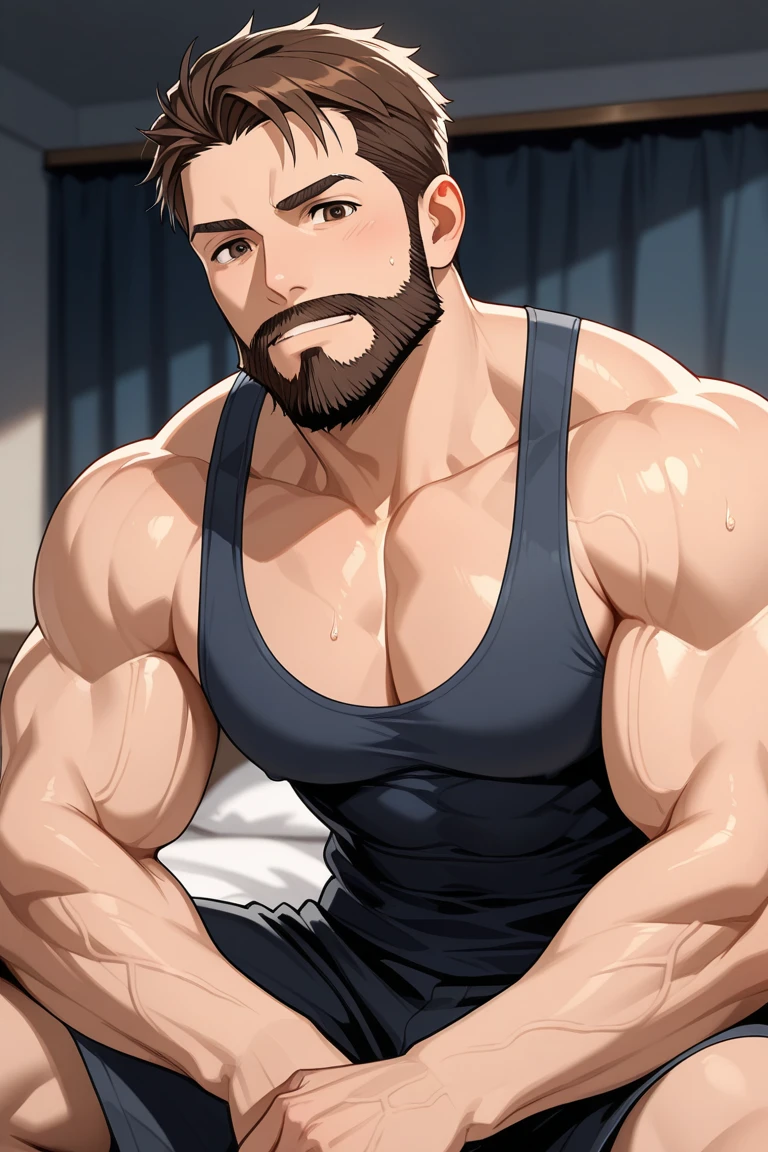 Middle-aged uncle,Sexy muscles,chest muscle,No beard,white panties,long white socks,Regular tattoos,Bronzed skin,Sweat slightly
