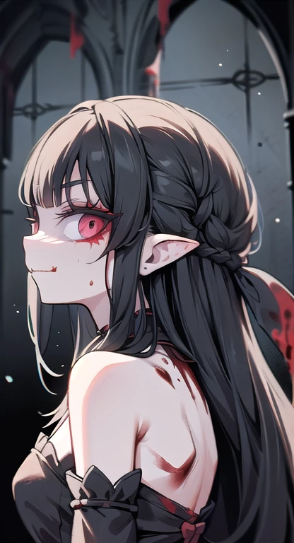 1girl, pale, red lips, (((covered in blood))), devious smile, black hair, very messy hair, purple eyes, demon eyes, broken horns, pointy ears, ((red coat)), (bloody), masterpiece,