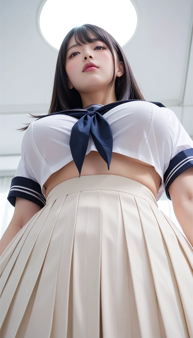(NSFW:1.5)、Detailed CG Unity 8k wallpapers、highest quality、masterpiece、Photoreal、torture chamber、bright lighting、非常にcute 女性、cute、、high school girl、enchanting eyes、(droopy eyes:1.3)、(Watery eye:1.5)、((ecstasy face))、open your mouth a little、I can see my white front teeth、blush、(brown hair with bangs)、earrings、shiny skin、pure white skin、Both arms are tied behind the back with chains、big breasts、((Large piercings on the nipplesリングをつけられている:1.3))、(The left and right nipples are connected with chains.、Being pulled)、((perfect anatomy、thin fingers、thin hands、five fingers connected to the palm、Accurate needle with no discomfort))、((navy pleated mini skirt:1.3))、((short sleeveの白いセーラー服:1.3)、short sleeve、(very short white sailor suit)、((Sailor uniform is rolled up、Breasts are fully visible:1.3))、((Sailor uniform is rolled up、nipples are completely exposed:1.3))、(Large piercings on the nipples)、angle from below、((spread your legs wide))、(raise your legs)、(focus on vagina:1.3)、(angle from below:1.3)、(look down, View with viewer:1.3)、(very skinny legs)、(slim legs)、torture chamber、on a steel torture rack、