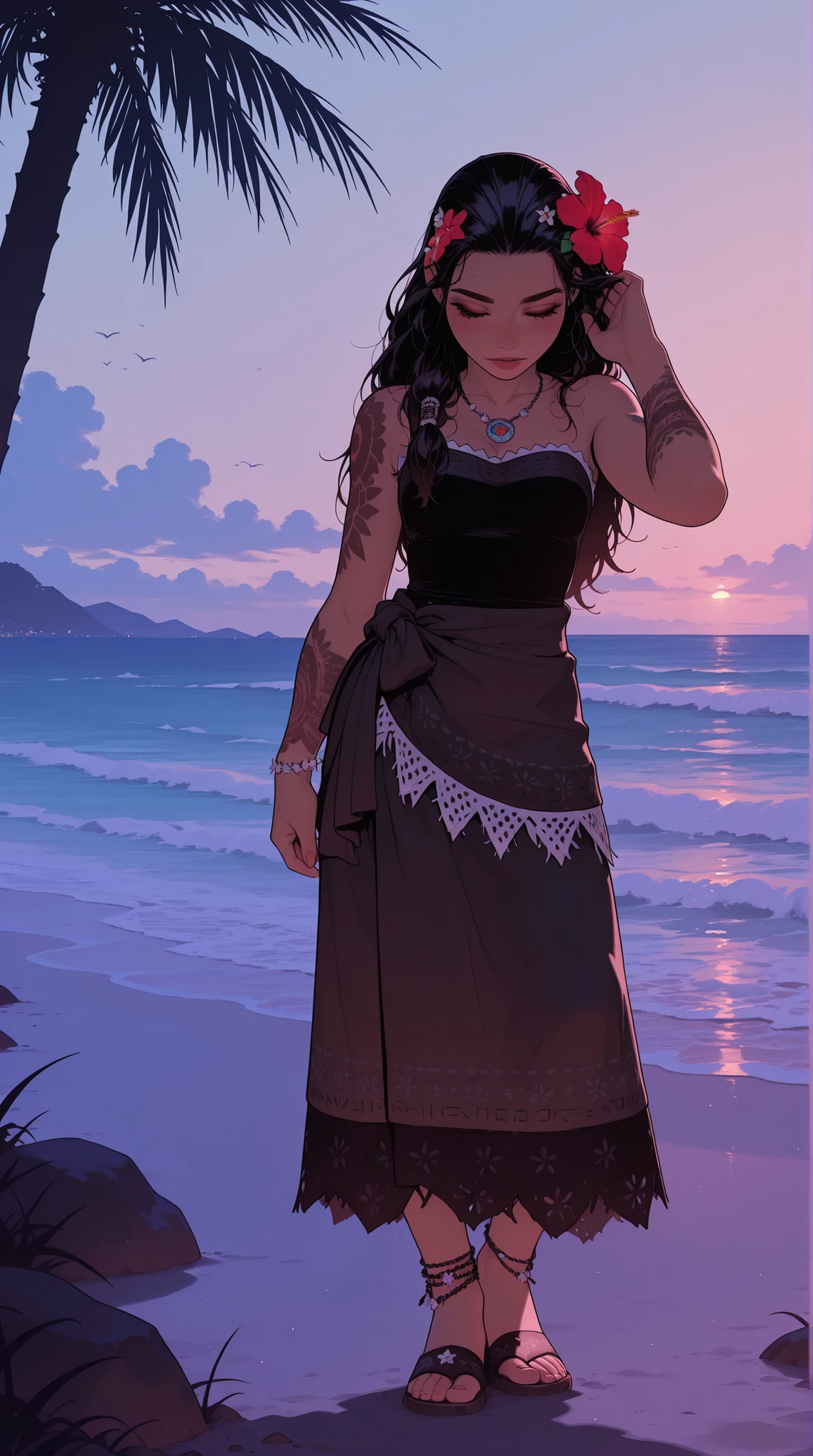HDR, 8K, high contrast, masterpiece, best quality, amazing quality, very aesthetic, realistic, newest, volumetric lighting, (flat colors:0.7), (artist:incase:0.3), (artist:tsuaii:0.3),Sinozick_illu, HassaKu_illu, 1girl, moana, 25 years old girl, samoan tattoos, tattooed, beach, hand in the ear, fixing his hair, Full body, ankle bracelet, tattooed arms, hibiscus flower in the hair, hair ornament,