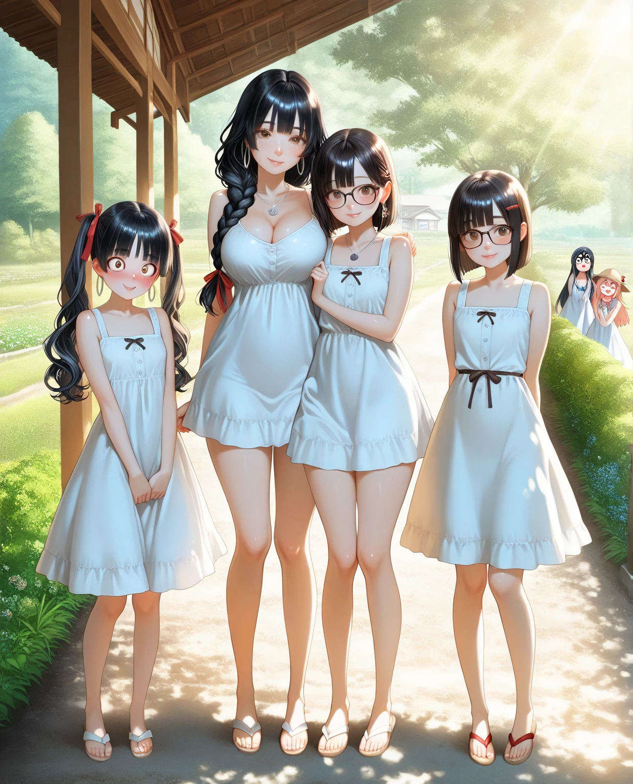 Mother and daughter Height difference Black Hair Shortcuts hair band White bra White panties White tights living