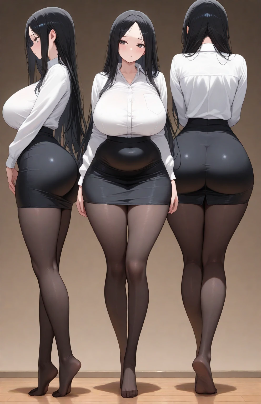 A curvaceous, cute and skinny super large biggest thick ass realist secretary , dressed in a tight-fitting skirt that hugs her voluptuous large and thick hips and round huge thick ass behind. perky breasts, which are just barely contained within the constraints of her buttoned-up attire. pantyhose, big and thick and ass, large and thick hips