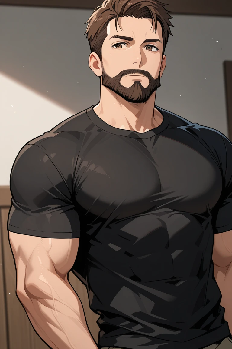 An award-winning original photo，A wild muscular man, (40 years old daddy:1.1), 1boy, Solo, (black hoodie), (blue trouser), (big shoulders), grey hair, musculature, stubbles, Short beard, wearing glasses, smiles, Dynamic Angle, volumetric lighting, (Best quality, A high resolution, Photorealistic), Cinematic lighting, Masterpiece, RAW photo, Intricate details, hdr, depth of field, upper body shot
