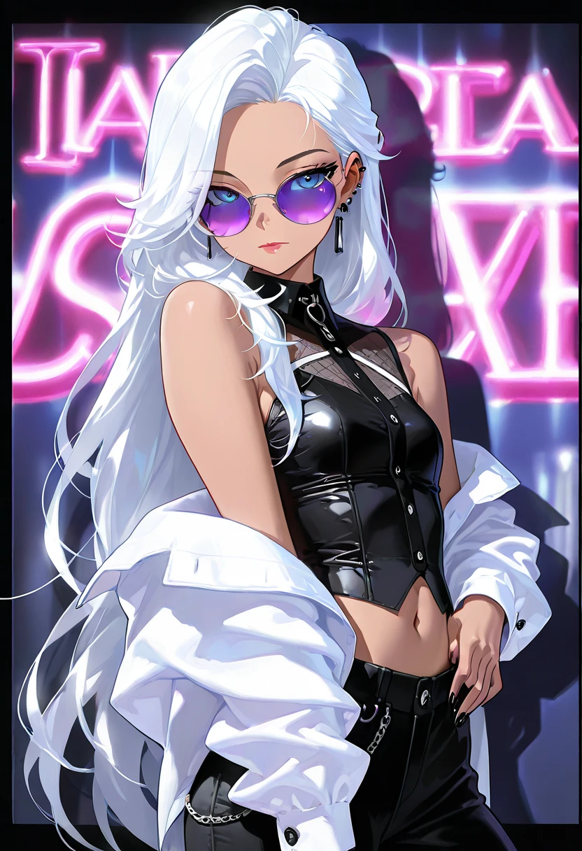 Score_9, score_8_up, score_7_up, source_anime, solo, 1girl, mature female, hina_\(blue_archive\), horns, halo, silver hair, parted bangs, small breast, long eyelashes, Gyaru, dark skin, dark-skinned female, makeup, pink eyeshadow, parted lips, piercings, tanned skin, shiny skin, metallic tan, BRAKE open shirts, short sleeves, latex bikini, short shorts, flashing, posing in bar, fishnet stoking, elbow groves, glass, drunk, blush, dim lighting