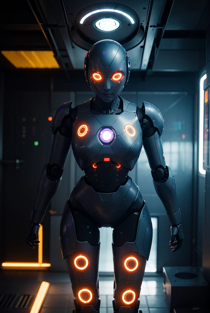a cute AI robot, smooth and round, highly detailed, cinematic lighting, 8K render, flawless metallic surface, advanced artificial intelligence, OC renderer, masterpiece, photorealistic, ultra-detailed, hyper-realistic, dynamic pose, glowing eyes, complex machinery, futuristic, neon lights, vibrant colors