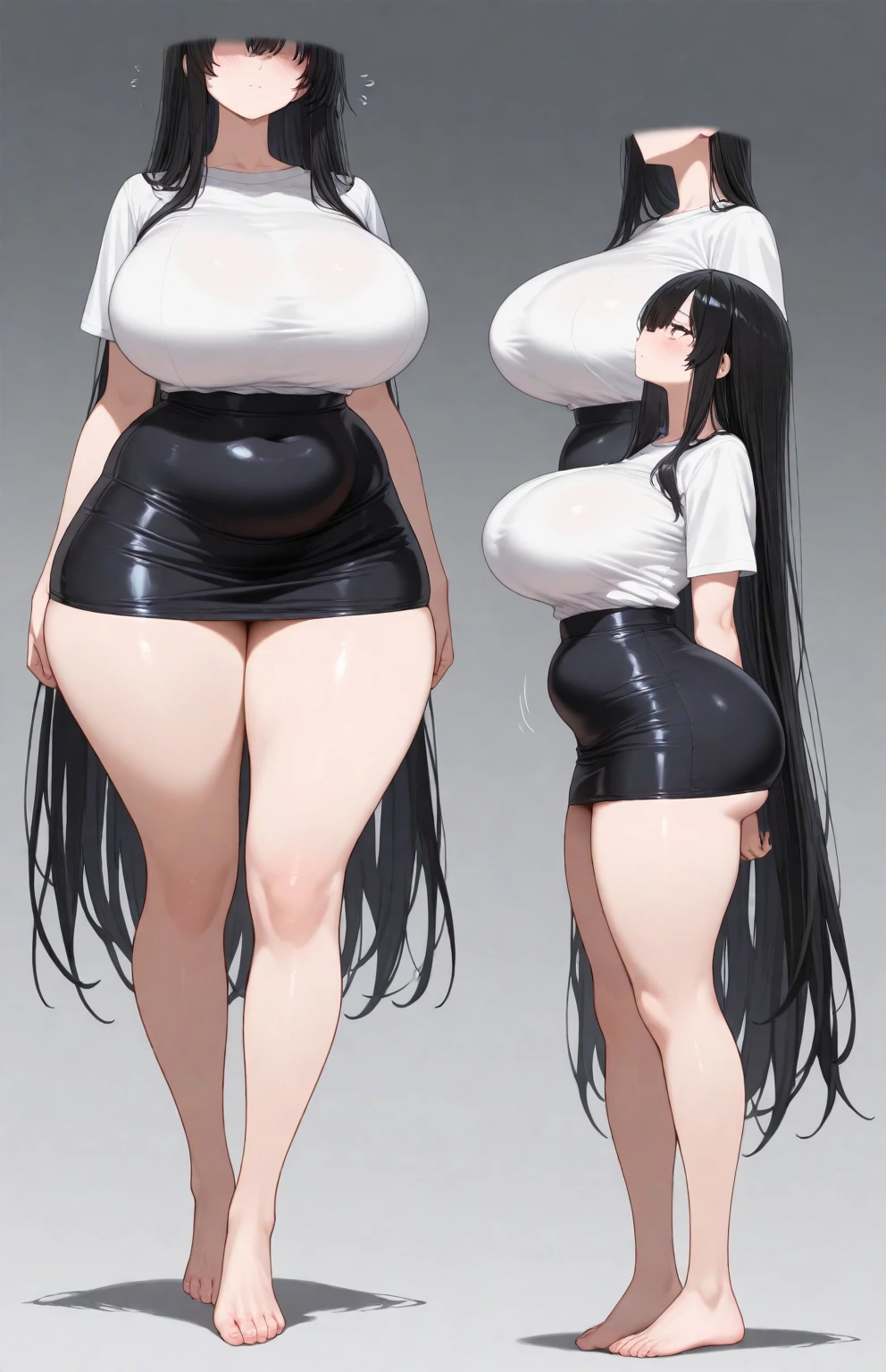 1woman,solo,25yo,black hair,long hair,wavy hair,shiny hair,hair over one eye,side braid,scarlet eyes,huge breasts,tall stature, voluptuous,wide hip,light-blue_blouse-shirt,white_pencil-skirt, black patent heel pumps,