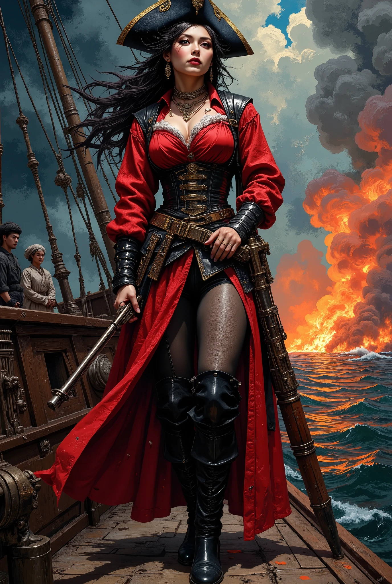 oil painting, rough, textural, broad brush strokes, portrait of a stunning chinese pirate woman, tricorne hat, banadna, holding flintlock musket, standing on deck of burning ship, mythp0rt