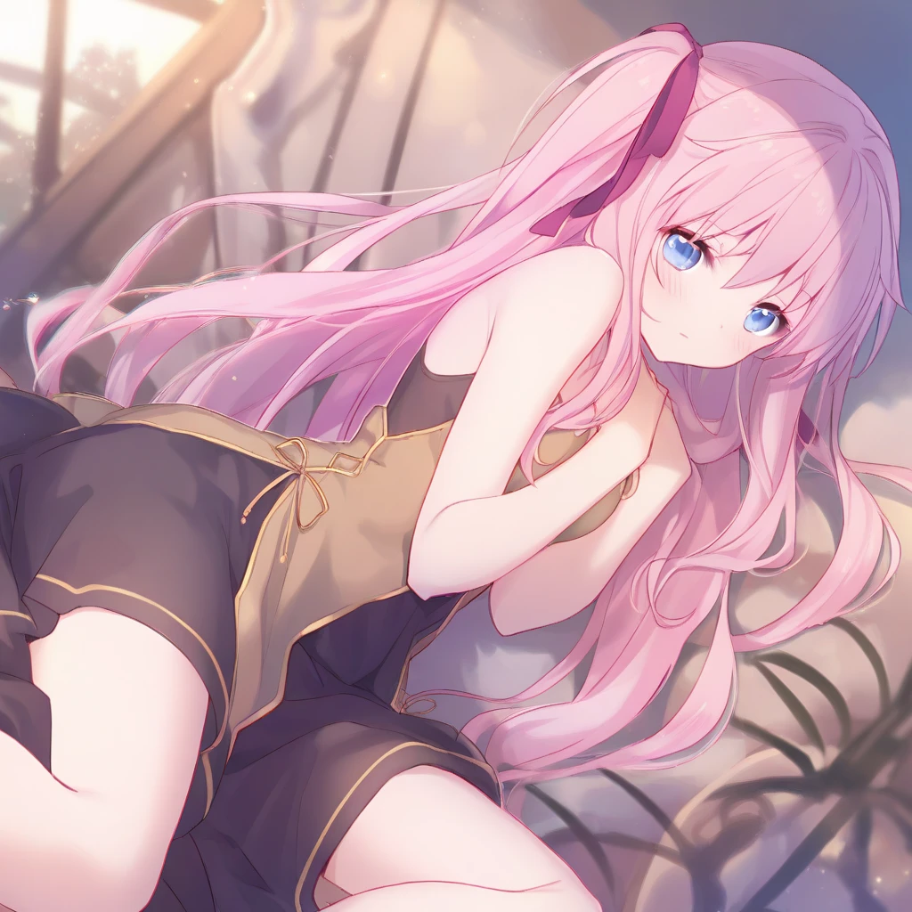 Top quality, high resolution, perfect human structure, background focus, front view, top angle, iridescent hair, glowing hair, cat ears, priestess outfit, shrine, sad expression, heart shaped pupils, wavy hair, shiny hair, tear, knees up, pink dress, beautiful beautiful