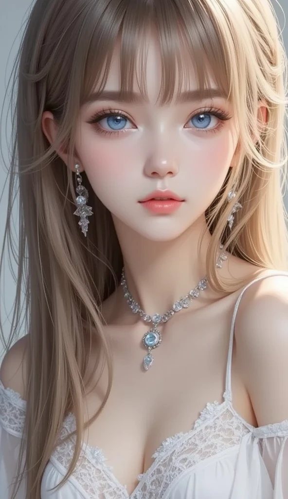Highest quality、8K masterpiece、Ultra-high resolution、(Realistic:1.3)、RAW Photos、 A beautiful girl with mysteriously shining blonde hair of Nordic descent、Silvery blonde hair、Super long straight hair、Bangs between the eyes、Bangs that fall over the eyes、Bangs over one eye、Bangs between the eyes、Incredibly white, glowing skin、1. Cyberpunk Super Beautiful Soldier、((Ultra-Realistic Details))、Portraiture、Global Illumination、Shadow Realm、Octane Rendering、8k、Ultra Sharp、metals、Cool colors、、Very intricate details、Realistic Light、Trends of the CG Association、Very beautiful big bright blue eyes、Very big eyes、Eyes shining at the camera、Neon Details、Small Face Beauty、Round face、Highlights of cheek luster、eyeliner、Double eyelids