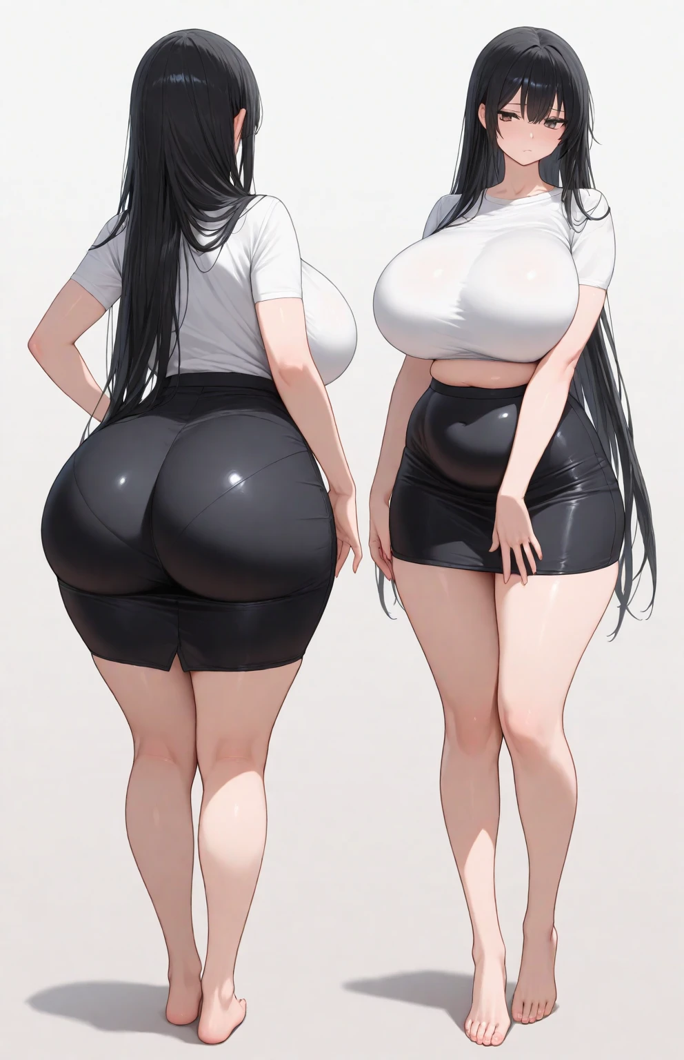 A young woman in a bikini, massive bloated overstuffed very heavy belly, hyper massive fat tall wide round heavy heart shaped bubble butt, very wide fat hips, massive fat round long very heavy breasts, deep long cleavage, weight gain, deep navel, from behind, looking back, smiling, blushing,