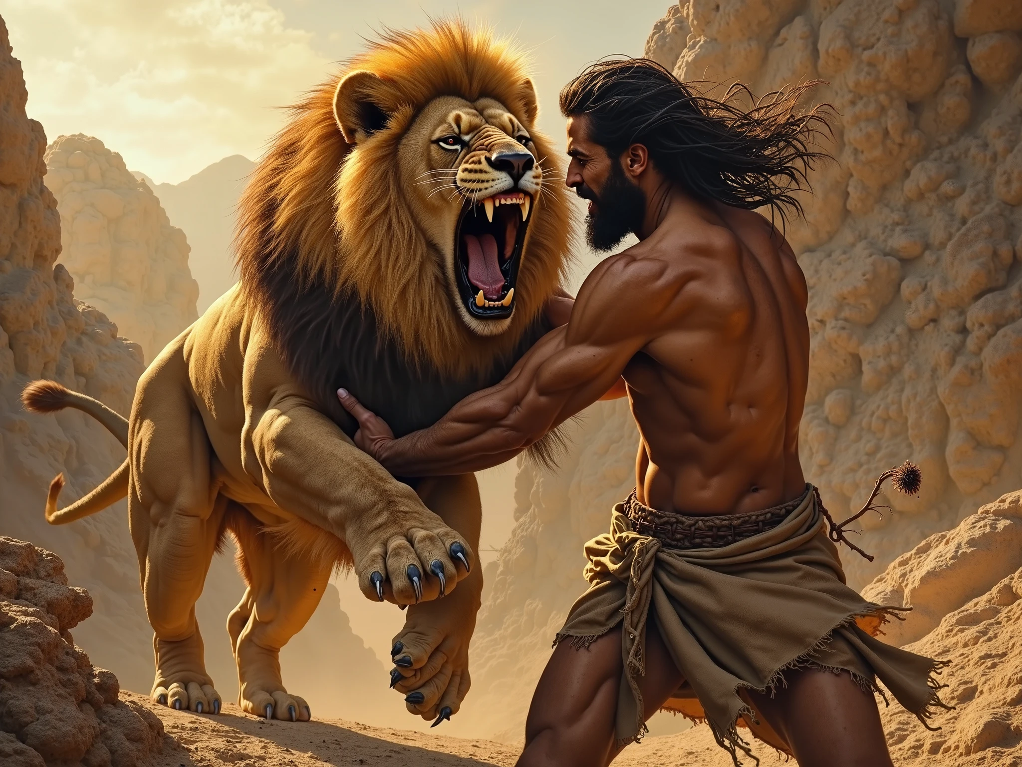 A man fight with lion on the sea beach