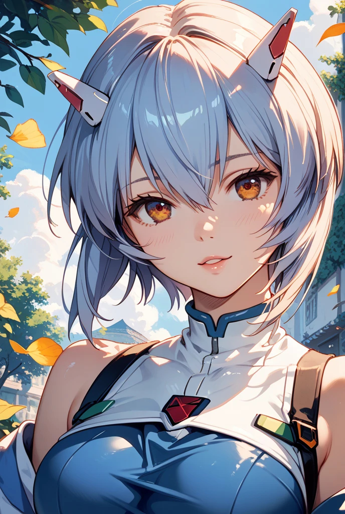 (highest quality、Extra fine、real)、Genki Girl、small breasts、Bodysuits that fit the body、cybernetic body parts、light blue hair、dog ears、pink eyes、From the side、gloves、bright smile、stand in front of a cherry tree、upper body close-up、cherry blossom park、sharp outline