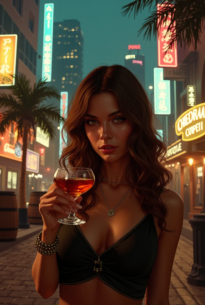 ((Masterpiece), best quality, HDR,UHD,8K), 1young woman, cute and sexy, perfect body, big breasts, long black hair, straight hair, bangs, expressive eyes, dark blue eyes, perfect face, (turtleneck sweater:1.4), enjoying, bar, holding a glass