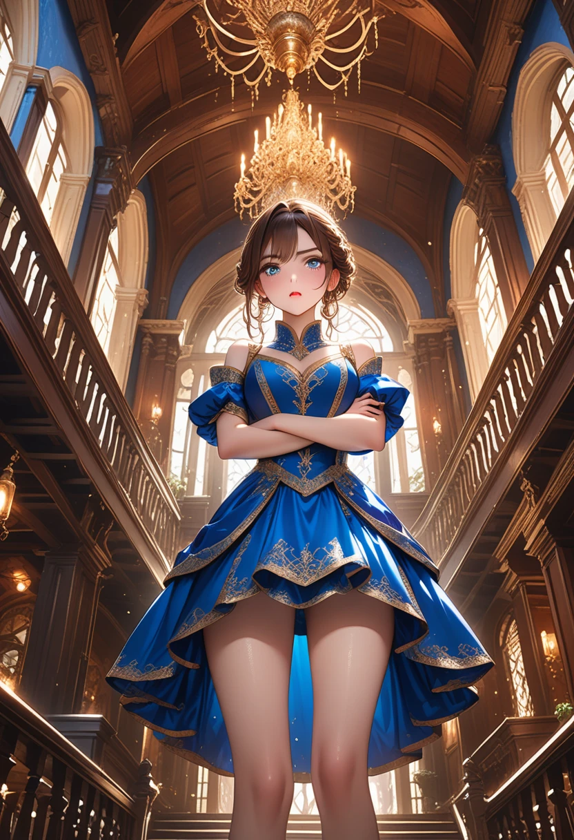BIG TITS - Cameltoe - Niples - Small waist - big hips - Une magnifique Cendrillon fine, châtain, avec une poitrine surdéveloppée,   elle a les yeux bleus et la bouche entrouverte. Sa robe fendue jusqu'au nombril en dentelle transparente élégante laisse voir une culotte avec cameltoe, et épouse sa silhouette accentuant ses courbes. Ses cheveux en vagues lâches captent la lumière. Elle est dans la campagne, avec un chateau de compte de fée en arriere plan. Un éclairage doux et chaud dans des tons d'or et de bleu crée une atmosphère romantique et magique. Des étoiles scintillantes parsèment le ciel crépusculaire, rehaussant la qualité éthérée. Un chemin pavé, bordé de lanternes lumineuses, mène au château, entouré de fleurs éclatantes et de verdure luxuriante., seductive smile, light blush, excited, Nikon,  masterpiece, best quality, award winning