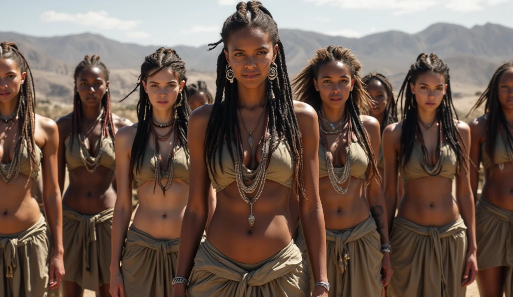 Brave Amazon Warriors, defying societal norms, ancient Scythia, simple yet strong clothing made of natural materials, open fields under a clear sky, living freely and joyfully, wide shot, hyper-realistic, photo realism, cinematography --ar 9:16.