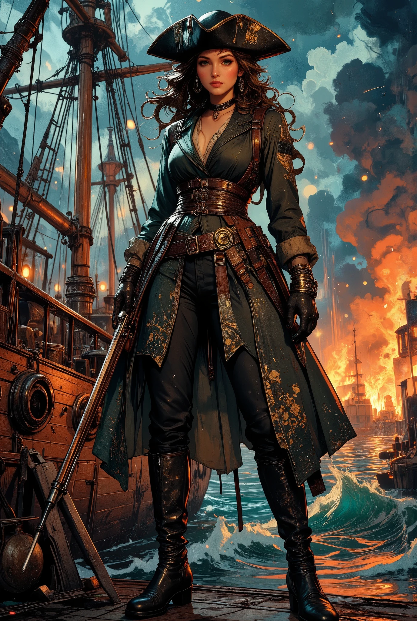 oil painting, rough, textural, broad brush strokes, portrait of a stunning chinese pirate woman, tricorne hat, banadna, holding flintlock musket, standing on deck of burning ship, mythp0rt