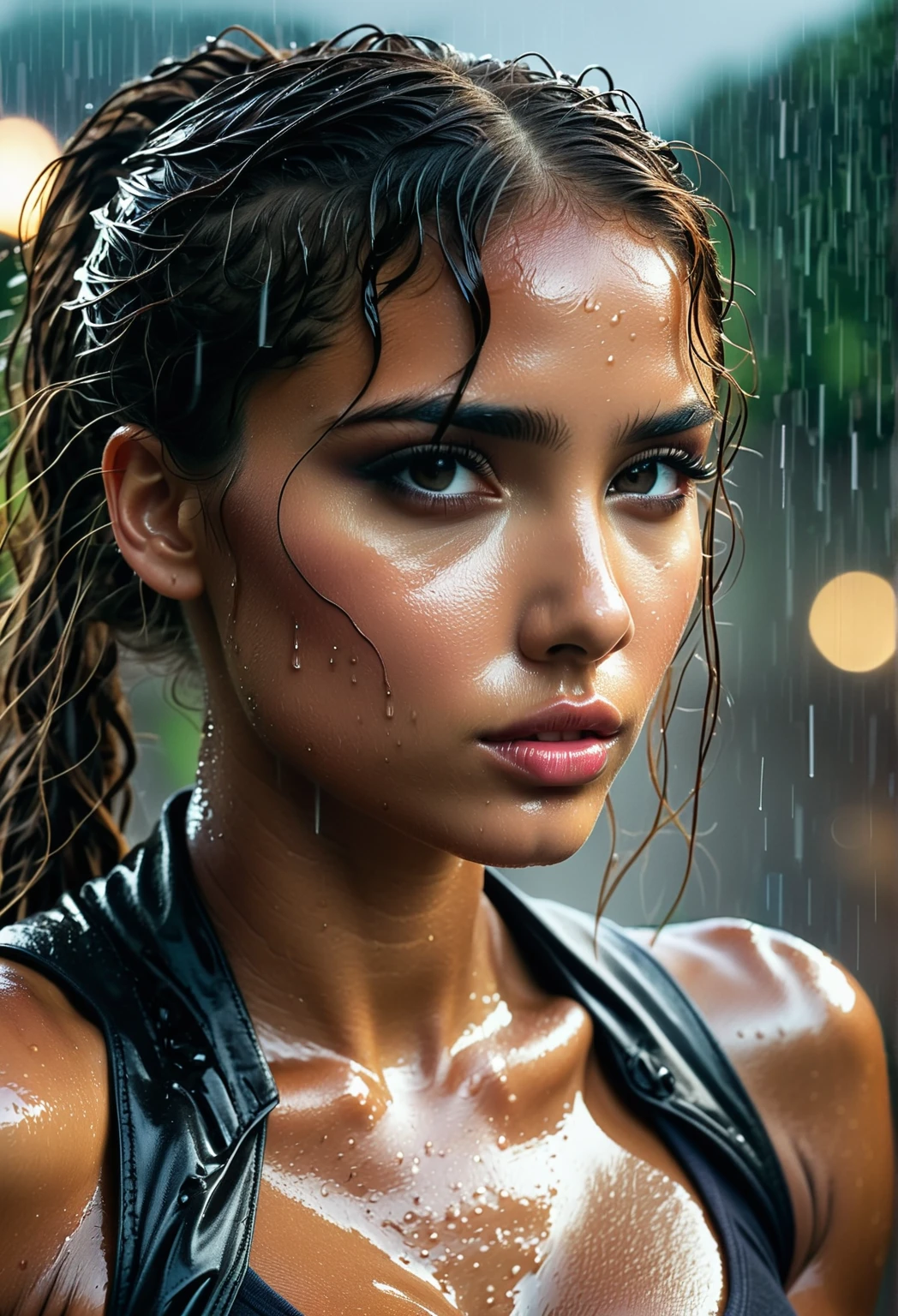 realist:1.3,( fotorrealist, 8k, RAW Photos, Premium quality, masterpiece, epic lighting. close up, Centered image), (foreground),((1 cute girl self-confident well-formed muscles, postPerfectly detailed face and body, (foreground), rainy scene, poor lighting due to rain,(( face and body wet from the rain:1.5)),lightning lighting, dynamic pose, beautiful and detailed hair, Leather Clothes)),  ((Imaginative scene)),((perfect, meticulously detailed.:1.3)), ((full shot: 1.4)), ((best quality )), ((masterpiece)), 3D, (hyper detailed: 1.3), ((Epic Scenery: 1.3)), ((night background: 1.3 ))), (((night:1.2))), ( Photorealistic: 1.4), ((Front camera)),( (Low-light night cinematic lighting: 1.2)). 32, (biceps)