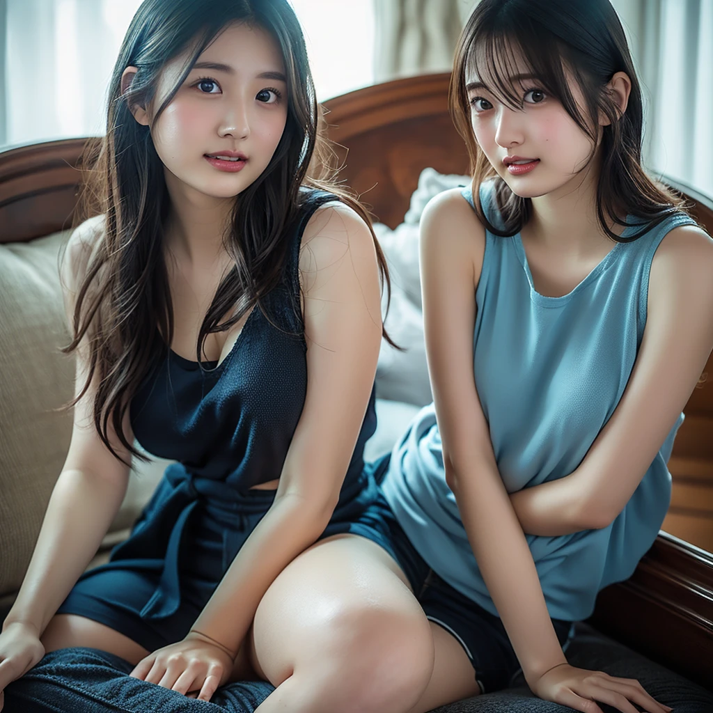 Best-quality, Masterpiece, Ultra-High-Resolution, (Photorealistic:1.4), Raw-Photo, ((lesbian-couple, passionately in love on luxurious-sofa at home)), all different face, all face-focus, ((1girl, 15-years-old, the most famous Japanese idol, extremely beautiful black-short-cut-haired, extremely cute face, extremely beautiful big-black-eyes, completely drunk, highly-sexed, intense sexual desire, strong sexual desire)), ((1woman, 25-years-old, the most famous Japanese actress, extremely beautiful light-brown-long-haired, extremely beautiful face, extremely beautiful big-black-eyes, extremely beautiful big-breasts)), both wearing only matching-pajamas with cute-design, detailed luxurious-sofa, detailed matching-pajamas, detailed matching-pajamas-with-cute-design