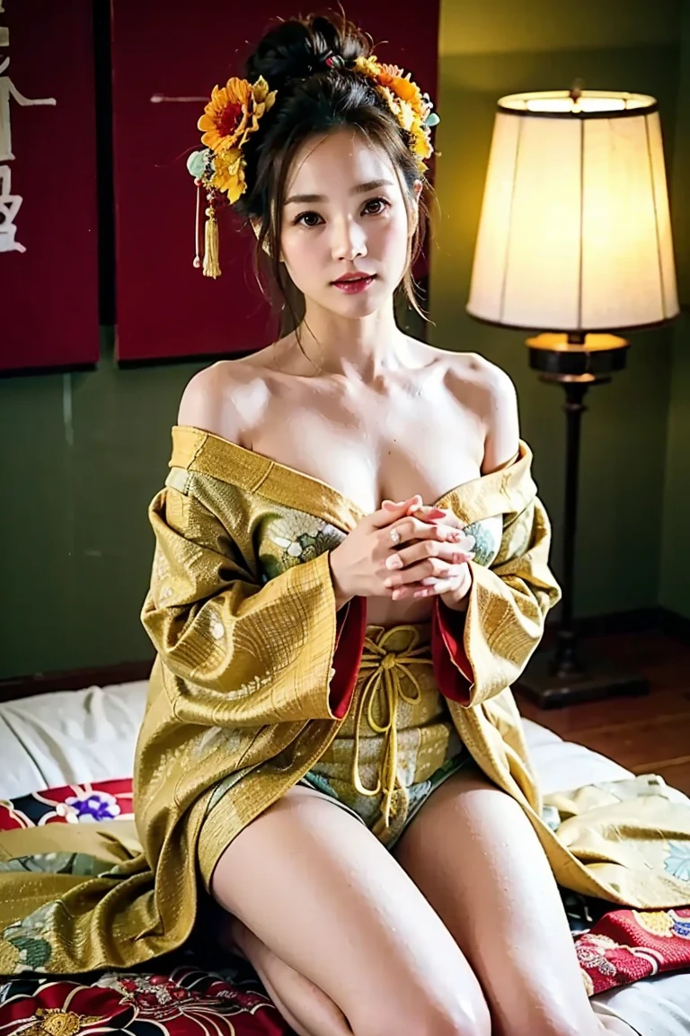 ((Finest quality)),(超A high resolution),(ultra-detailliert),(Meticulous portrayal),((Best CG)),(Finest works of art),Ultra-Precision Art,The art of astounding depiction,Sophisticated ink painting,mountain water, (A woman wears the finest kimono with delicate details and beautiful embroidery...:1.5),(a blond),(Beautiful blue eyes:1.3)、show niipples, show vagina, open legs:1.5.