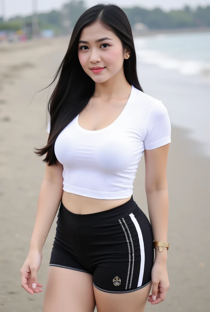 close-up of beautiful Indonesian, Amanda Manopo is a Indonesian actress and model, age 24 years old girl, youthful face, perfect body, white body skin, very long hair, black hair, straight hair, 38 inches breasts size, wearing a plain light white sleeved t-shirt, wearing a tight camouflage leggings, Manopo holding breasts with her own two hands is very sexy and sigh, Manopo squeezes the breasts very seductively, sexy looking pose, pose a naughty look, pose looks seductive, at the military training camp, military training camp background, UHD