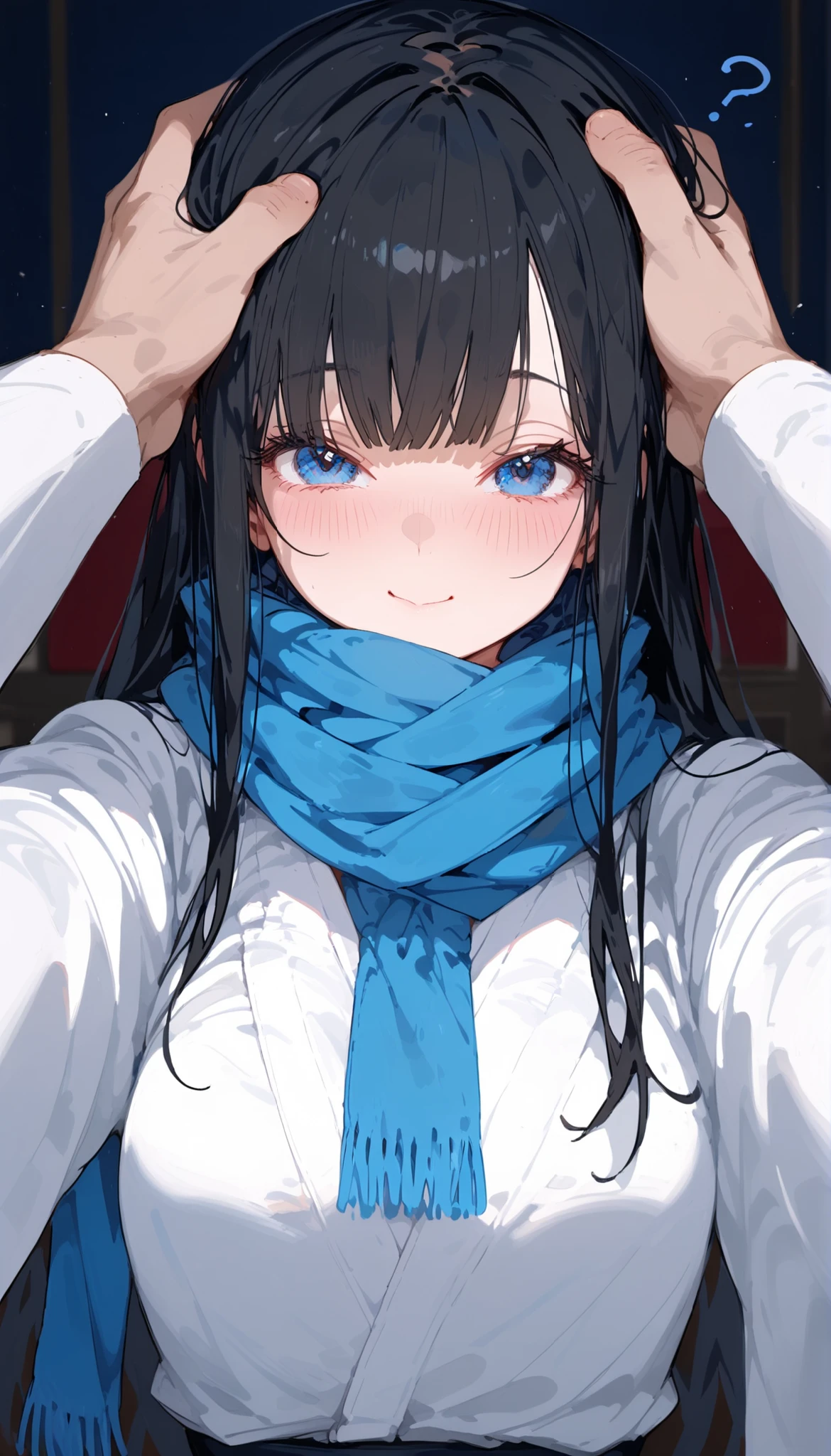 girl,in blue eyes, black Hair,long hair,Confused,Upper Body Shape,Shy,shy,white kimono, blue scarf ,slim,medium size,good figure,Spread your arms out,cute, Mouth Kiss post,pov kissing pov,heart,pov hand on head,,smile,