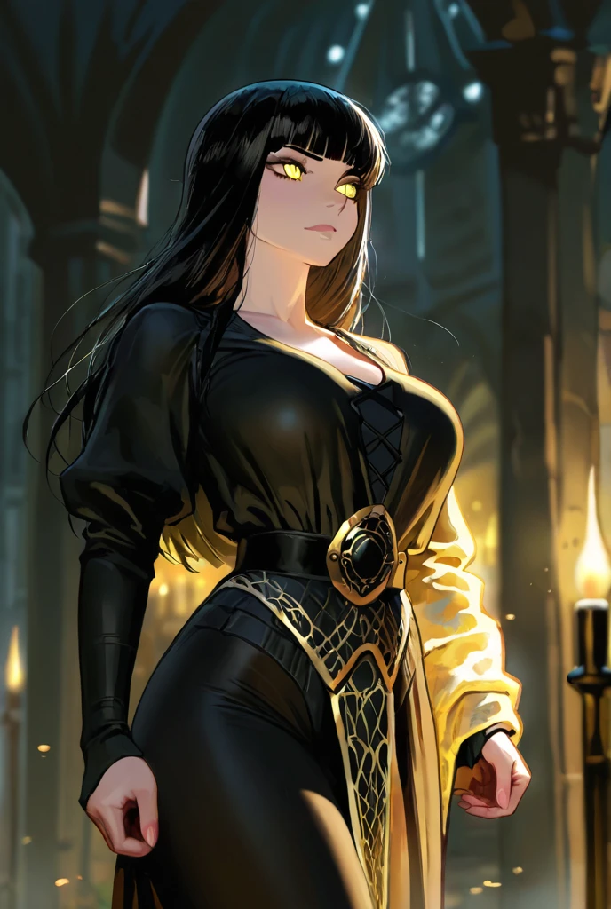 40-year-old woman with large breasts wearing a black costume from an ancient era while walking with a slight smile on her face with her lips covered in lipstick while her light green eyes shine,anime styling
