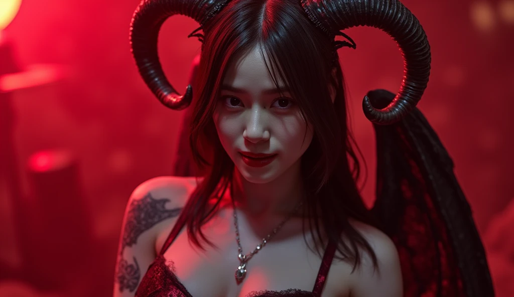 A close-up of a red Tiefling with backwards horns, wearing a white band tied around the eyes, with two billy clubs on the back and the lyrics "d" tattooed on chest.