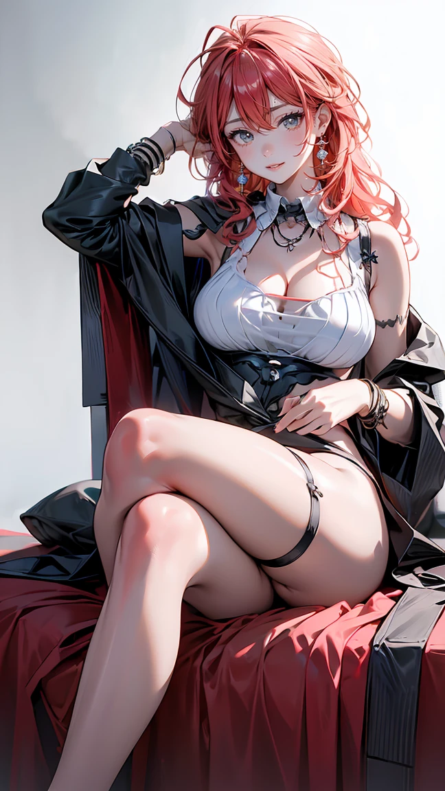 Cosplay Kaneki, wearing Kaneki Lumine mask, danger, evil smile, villain, bloodstains, wearing short clothes, breasts big, neckleace, Tattoo on Underbelly,legs open leaving your panties visible,a chair,high-detailed face, all-white background,looking ahead at viewer